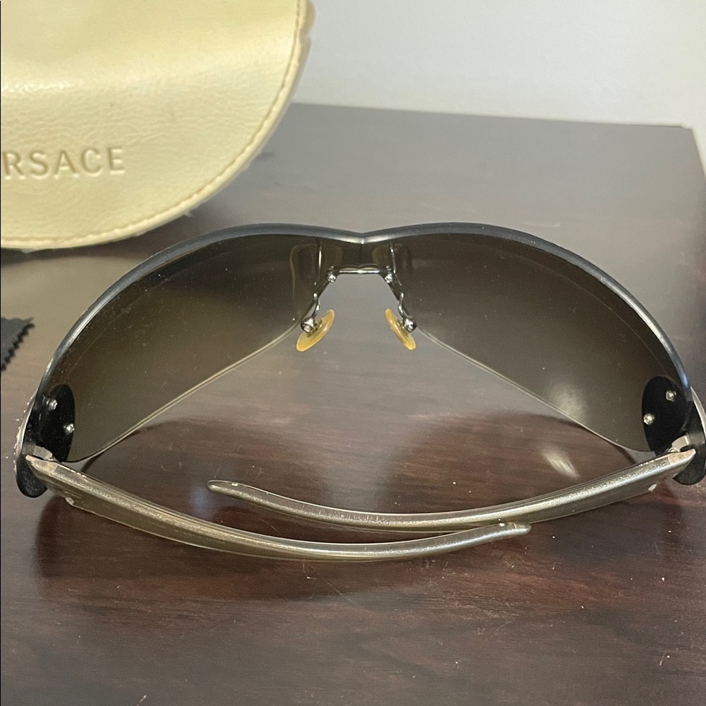Versace Women's Shield Sunglasses in Black with silver Accents - Picture 9 of 9